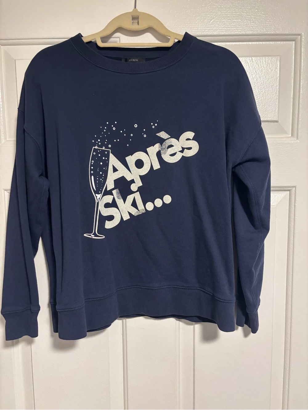 J. Crew Navy Graphic 'Après Ski' Sweatshirt Slight Oversized Small 100% Cotton